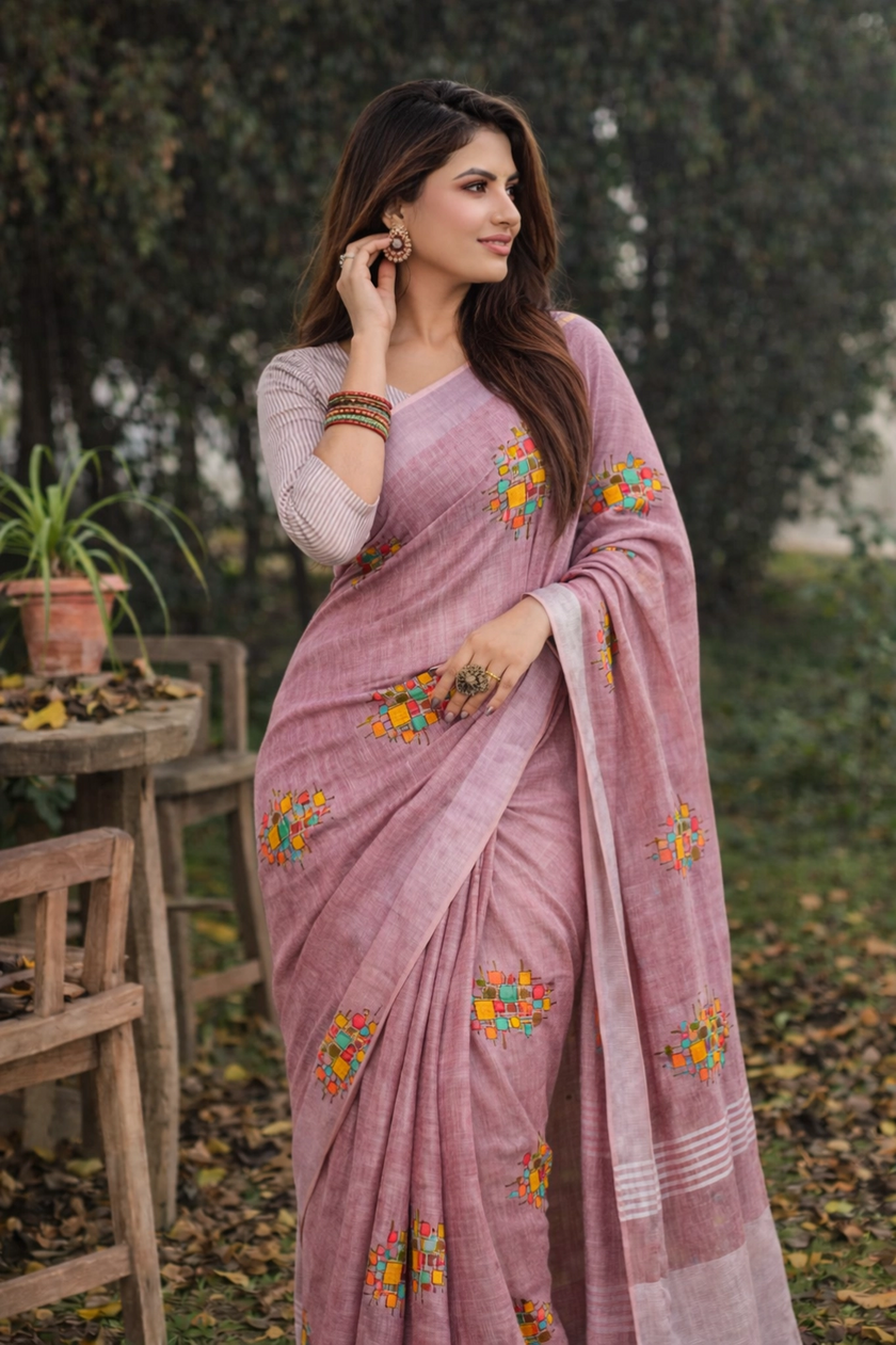 Pink Linen Silk Saree