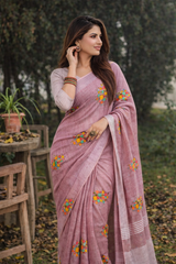 Pink Linen Silk Saree