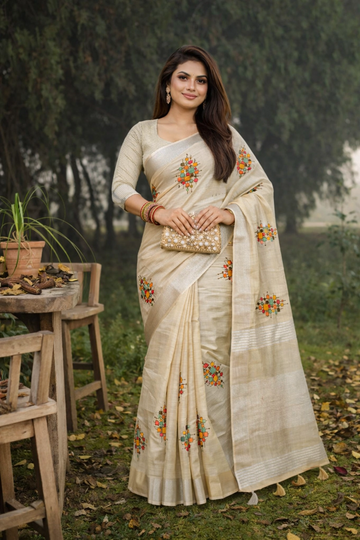 Cream Linen Silk Saree
