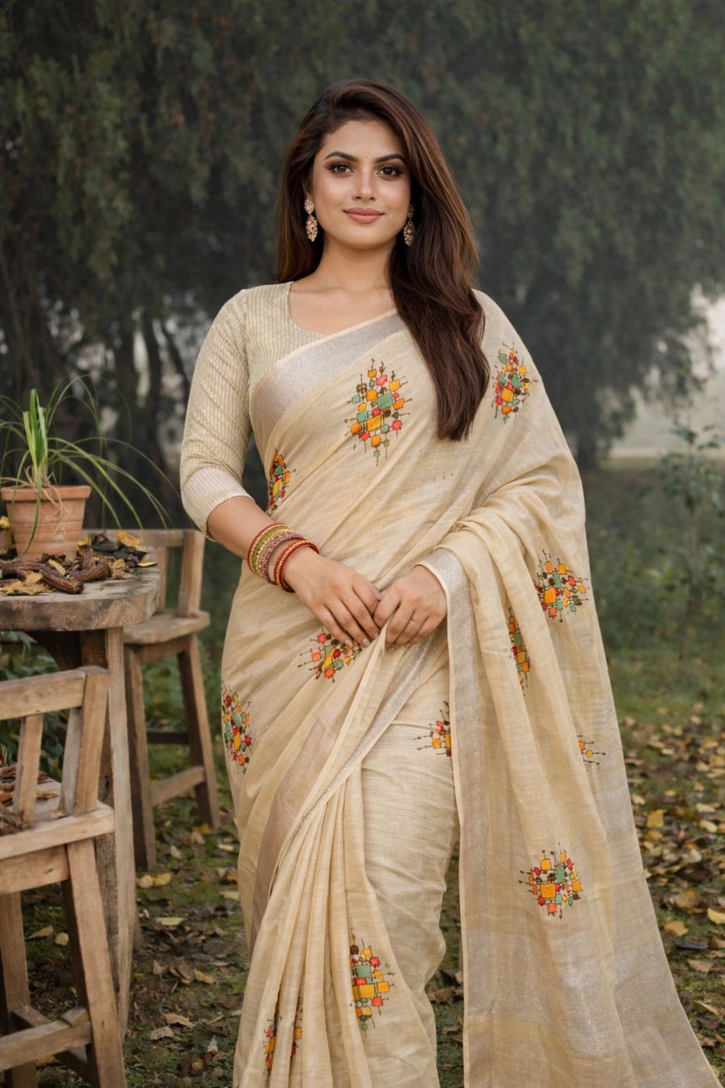 Cream Linen Silk Saree