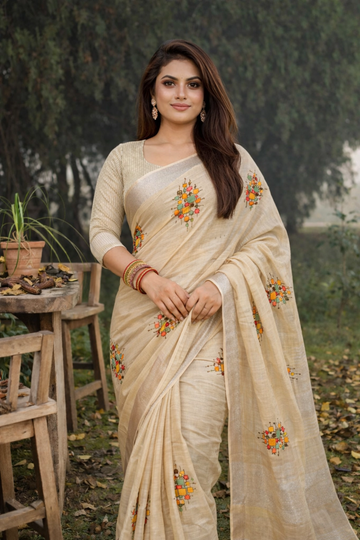 Cream Linen Silk Saree