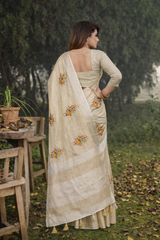 Cream Linen Silk Saree
