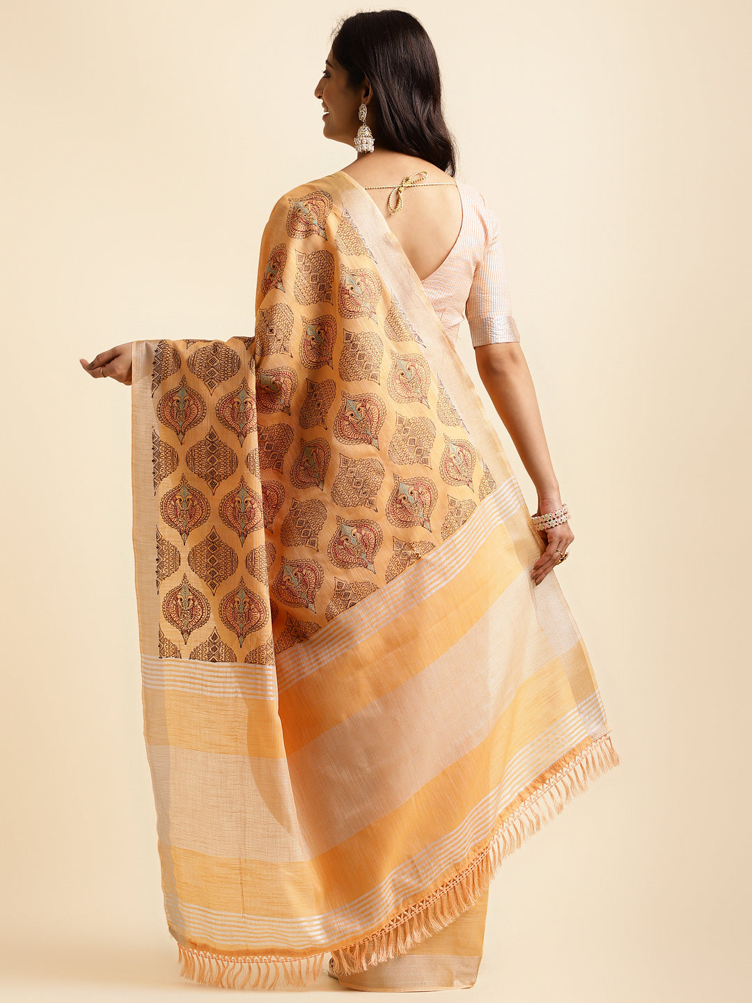 Casual Orange Linen Cotton Embroidery Saree