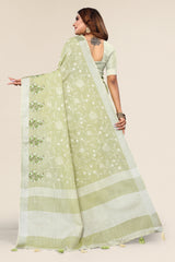 Casual wear pista green linen cotton saree