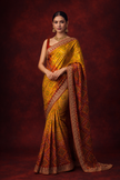 Yellow-Red Chinon Silk Bandhani Printed Saree
