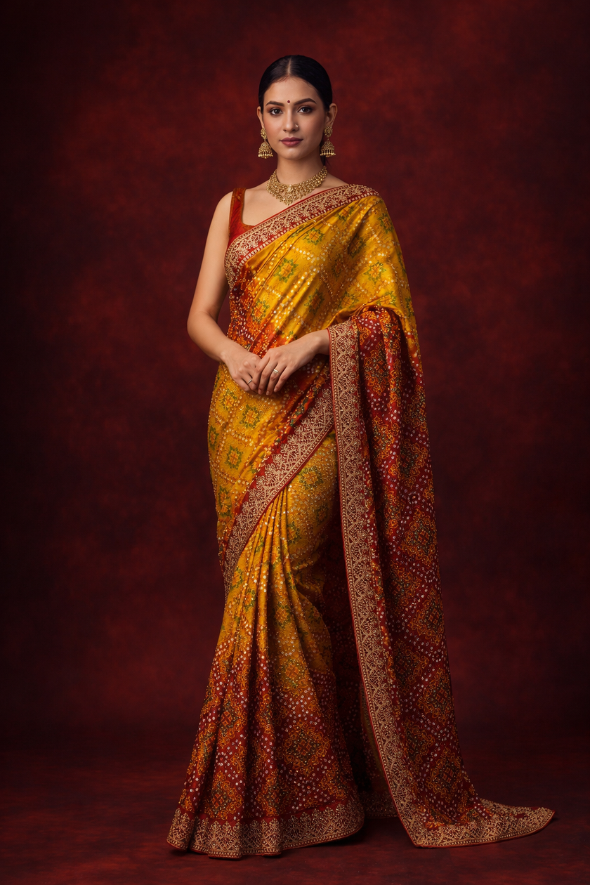 Yellow-Red Chinon Silk Bandhani Printed Saree