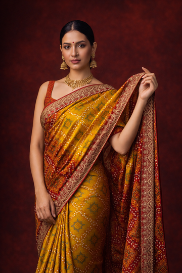 Yellow-Red Chinon Silk Bandhani Printed Saree