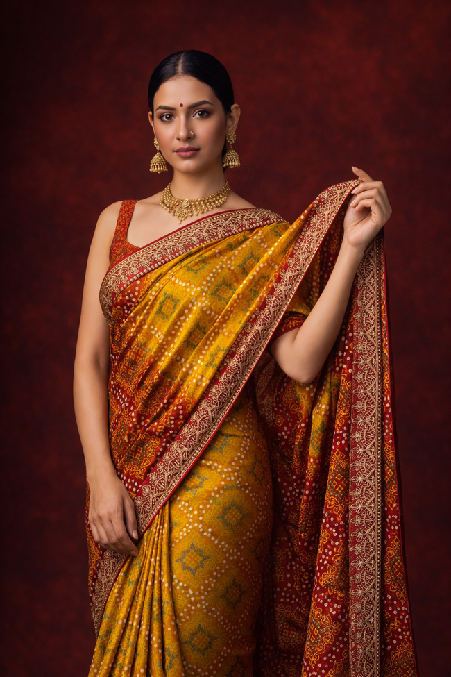 Yellow-Red Chinon Silk Bandhani Printed Saree