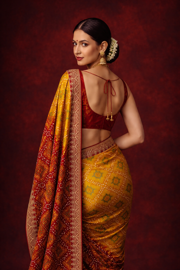 Yellow-Red Chinon Silk Bandhani Printed Saree