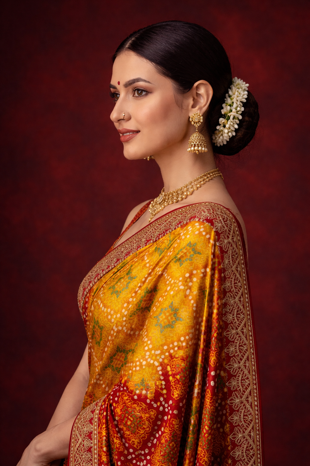 Yellow-Red Chinon Silk Bandhani Printed Saree