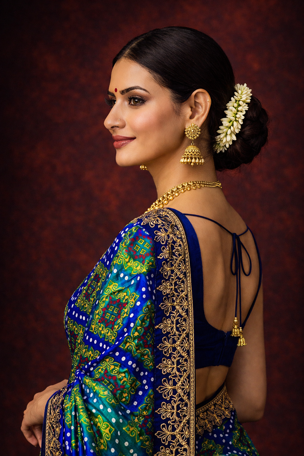 Rama-Blue Chinon Silk Bandhani Printed Saree