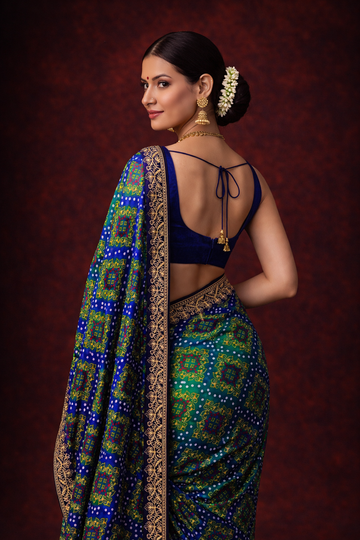Rama-Blue Chinon Silk Bandhani Printed Saree