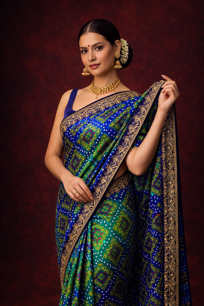 Rama-Blue Chinon Silk Bandhani Printed Saree