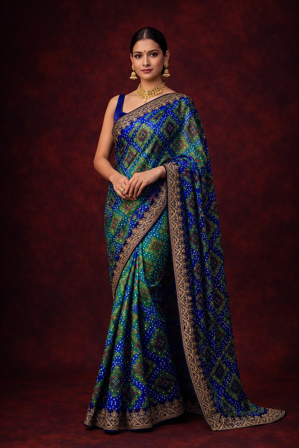 Rama-Blue Chinon Silk Bandhani Printed Saree
