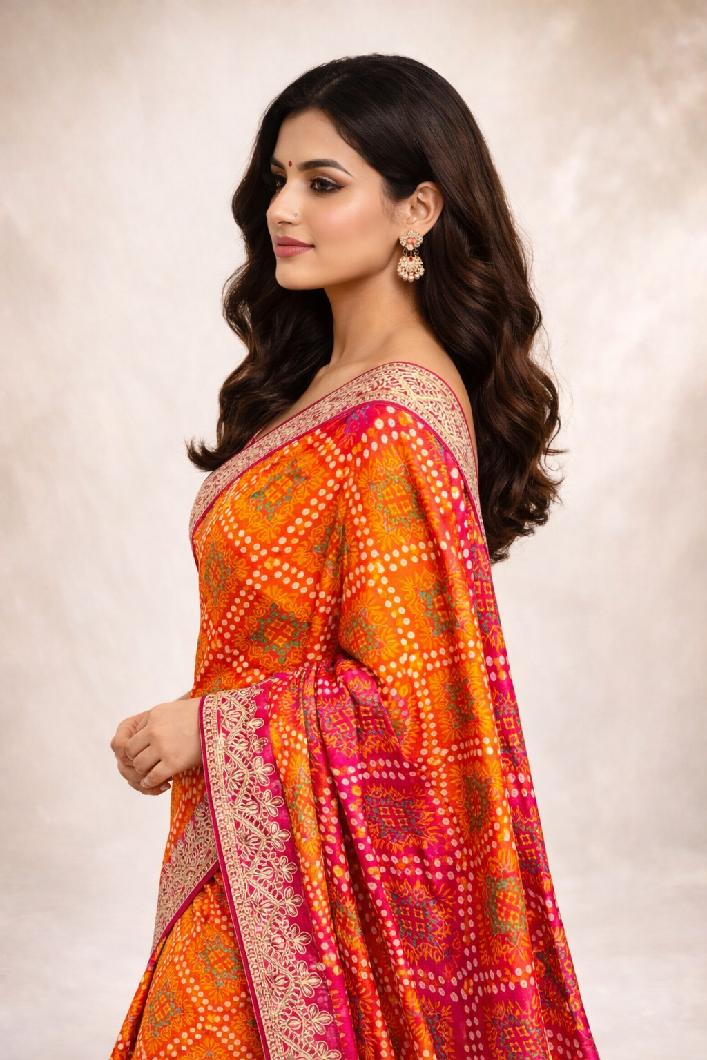 Rani Pink-Orange Chinon Silk Bandhani Printed Saree