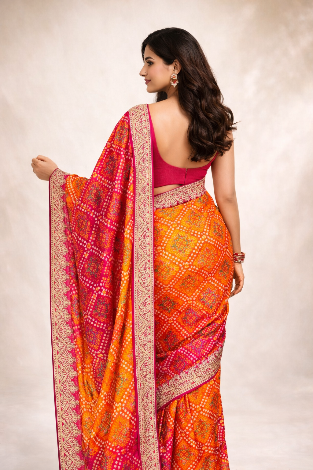 Rani Pink-Orange Chinon Silk Bandhani Printed Saree