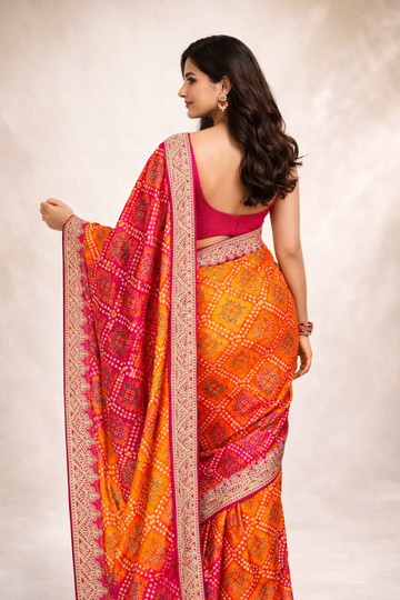 Rani Pink-Orange Chinon Silk Bandhani Printed Saree
