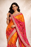 Rani Pink-Orange Chinon Silk Bandhani Printed Saree