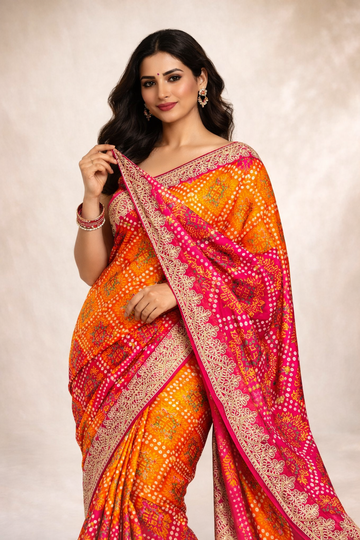 Rani Pink-Orange Chinon Silk Bandhani Printed Saree