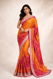 Rani Pink-Orange Chinon Silk Bandhani Printed Saree