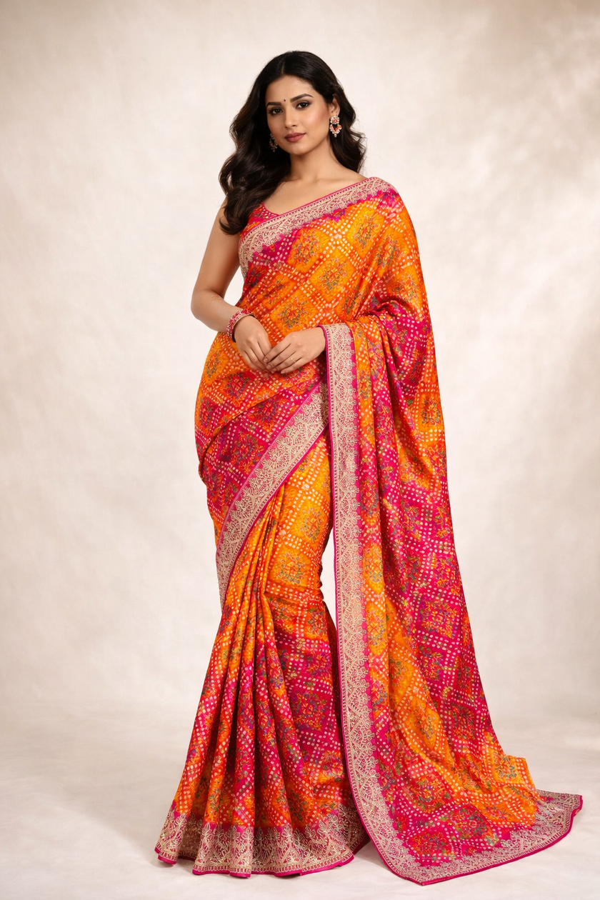 Rani Pink-Orange Chinon Silk Bandhani Printed Saree