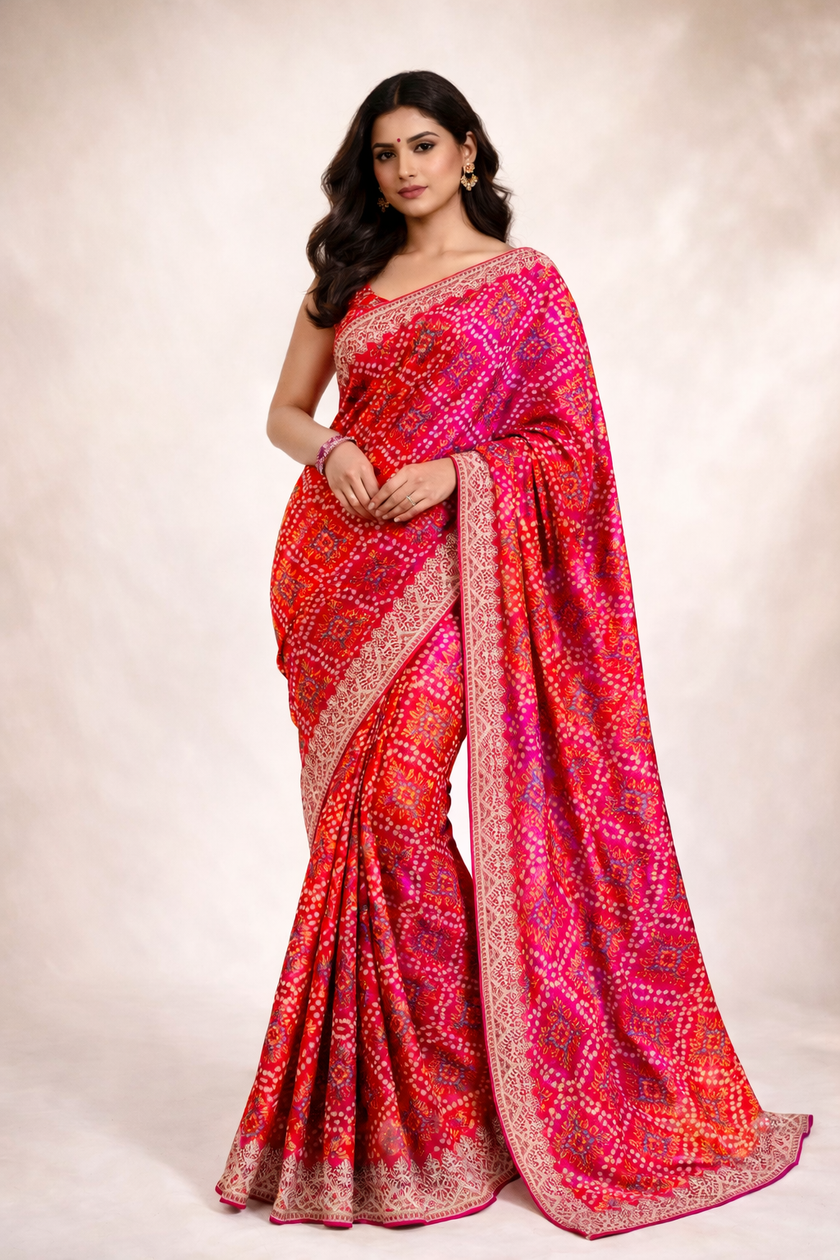 Rani Pink-Red Chinon Silk Bandhani Printed Saree