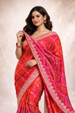 Rani Pink-Red Chinon Silk Bandhani Printed Saree