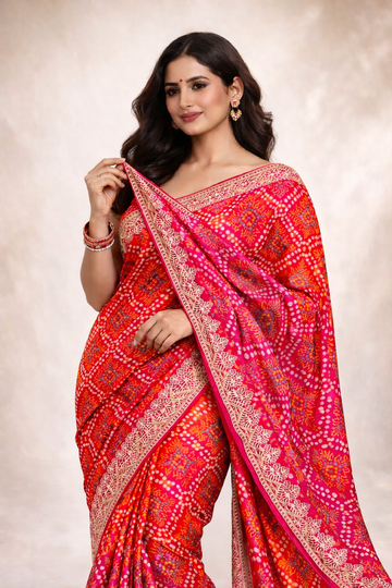Rani Pink-Red Chinon Silk Bandhani Printed Saree
