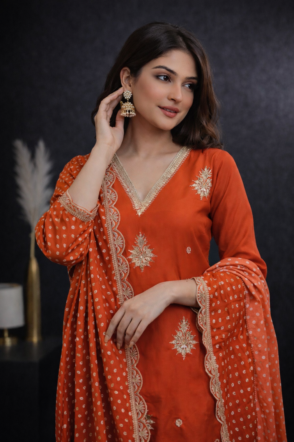 Rustic Orange  Pure Silk Embroidered Stitched Suit Set