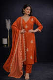Rustic Orange  Pure Silk Embroidered Stitched Suit Set