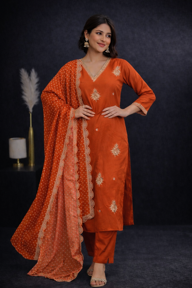 Rustic Orange  Pure Silk Embroidered Stitched Suit Set