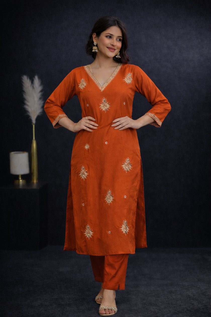 Rustic Orange  Pure Silk Embroidered Stitched Suit Set