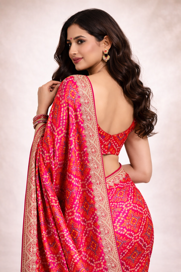 Rani Pink-Red Chinon Silk Bandhani Printed Saree