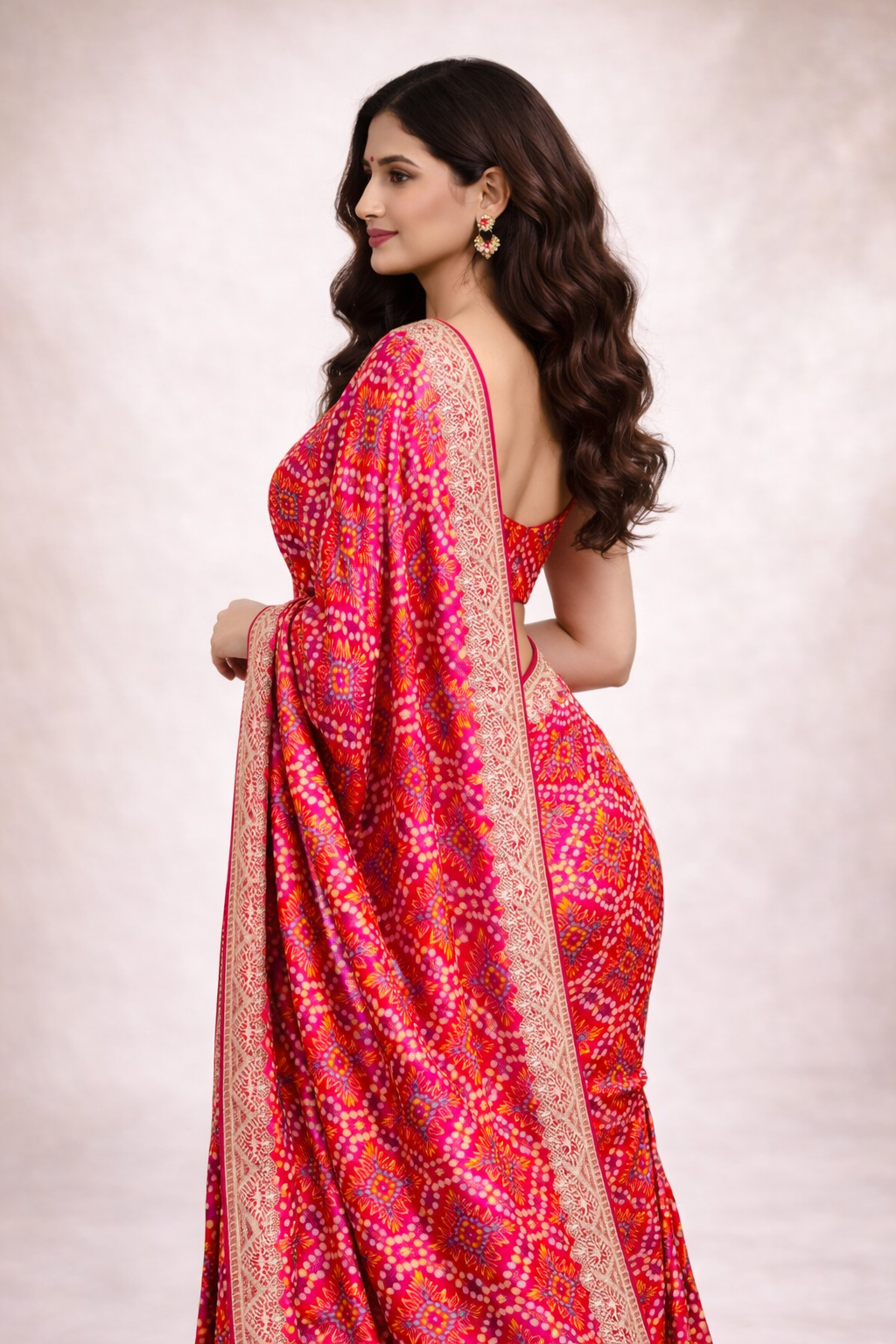 Rani Pink-Red Chinon Silk Bandhani Printed Saree