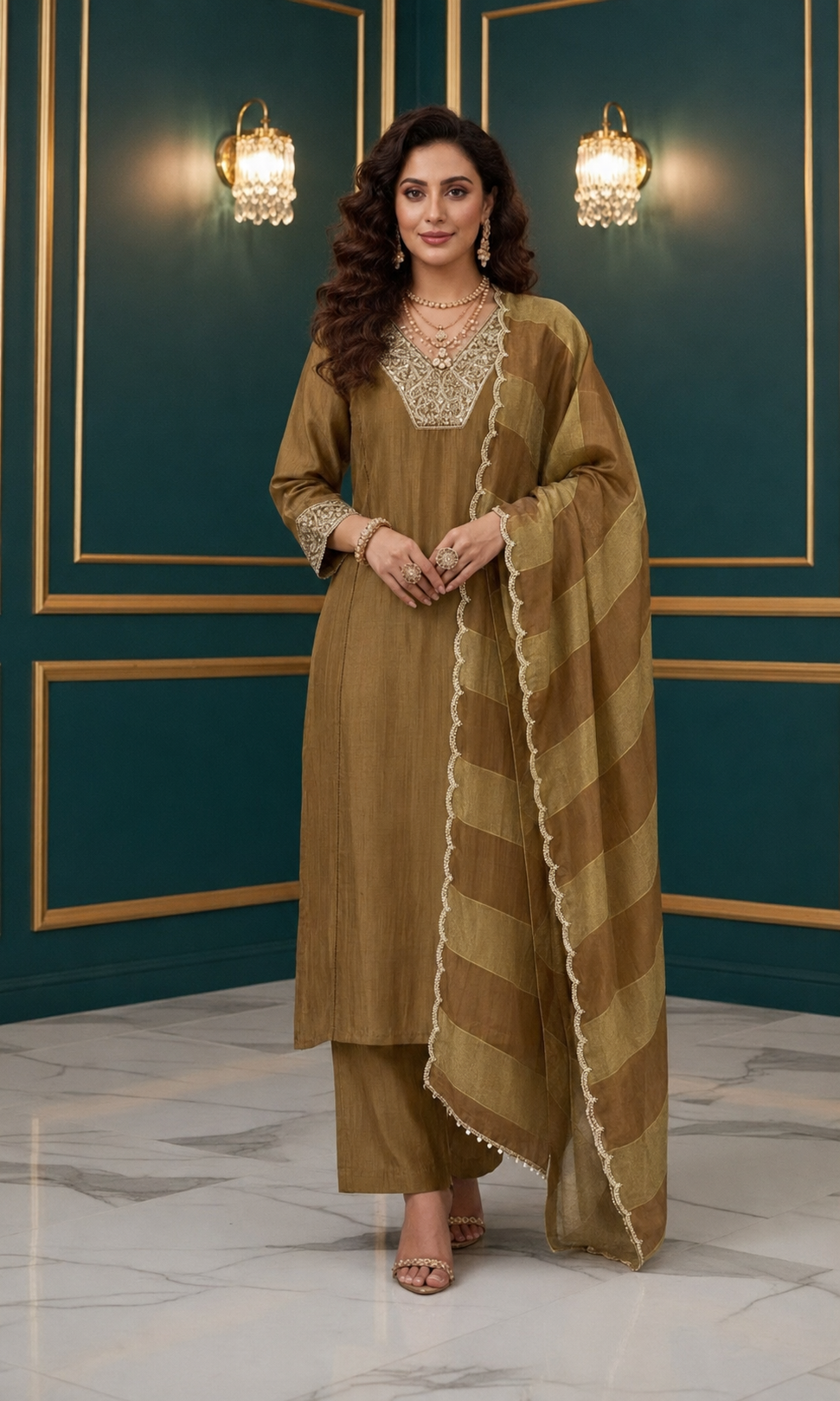 Olive Gold Jacquard Silk Stitched Suit Set