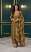 Olive Gold Jacquard Silk Stitched Suit Set