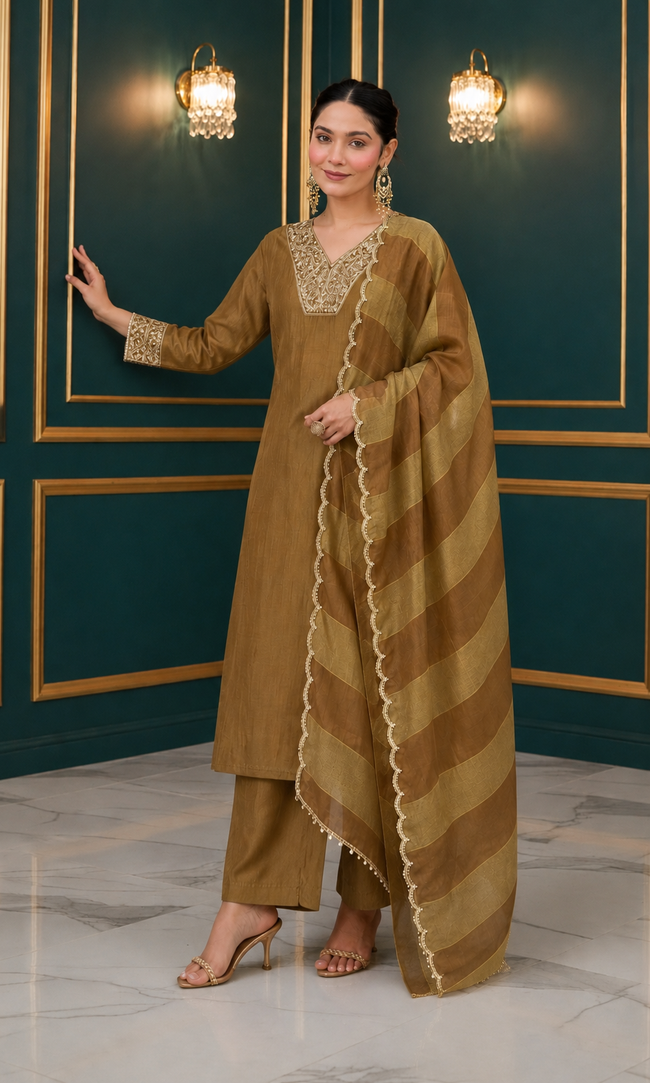 Olive Gold Jacquard Silk Stitched Suit Set