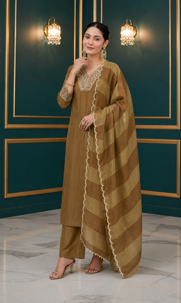 Olive Gold Jacquard Silk Stitched Suit Set