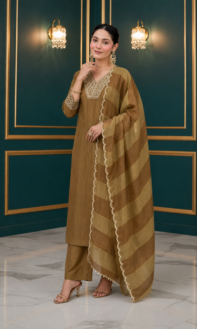 Olive Gold Jacquard Silk Stitched Suit Set
