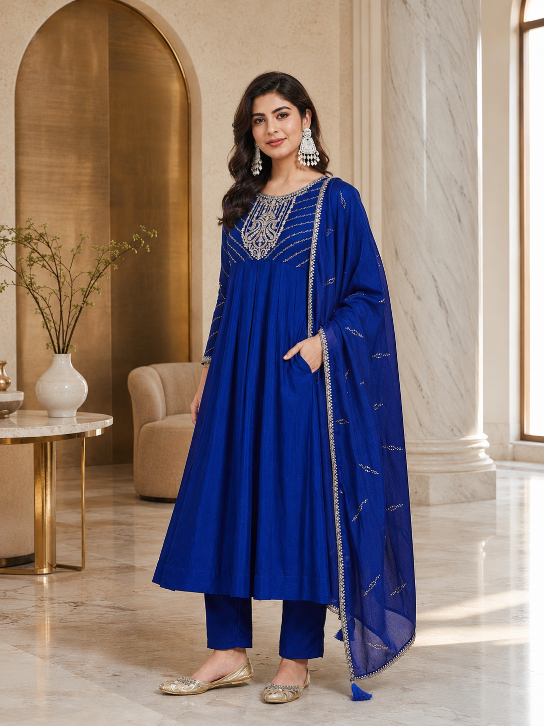 Navy Blue Vichitra Silk Stitched Suit