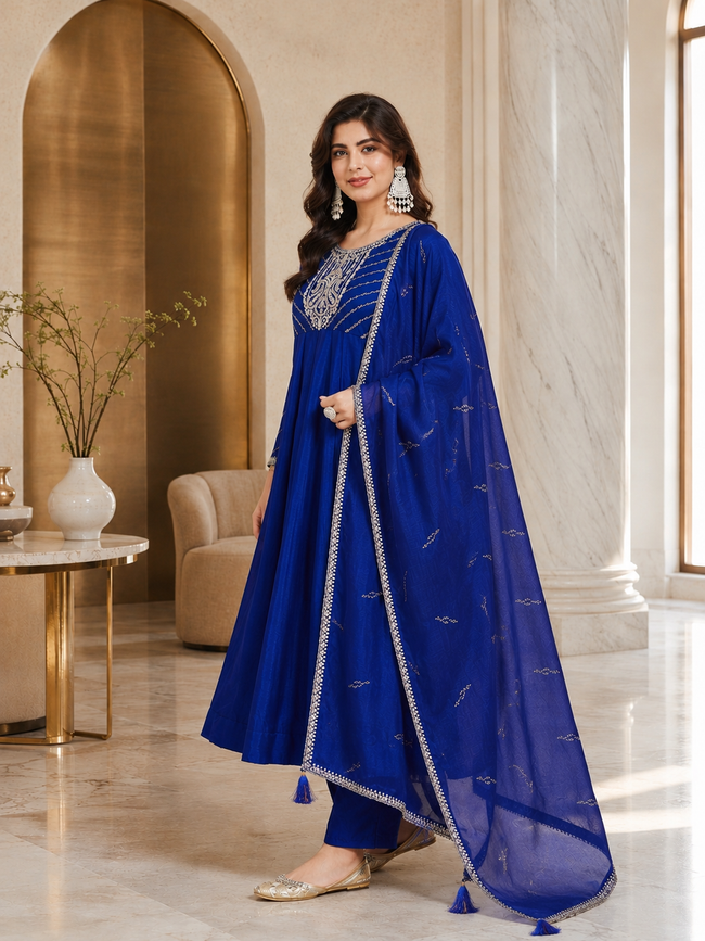 Navy Blue Vichitra Silk Stitched Suit