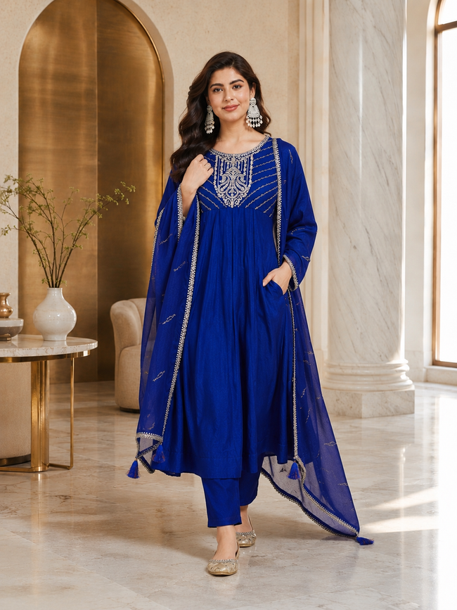 Navy Blue Vichitra Silk Stitched Suit