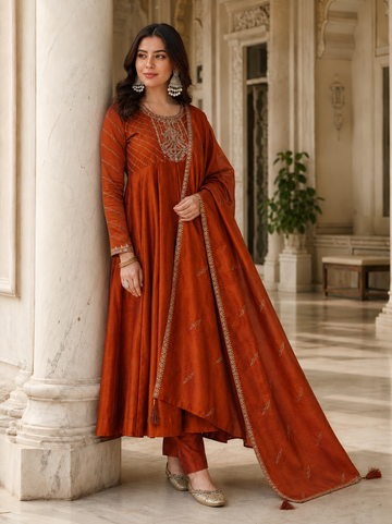 Rustic Orange Vichitra Silk Stitched Suit