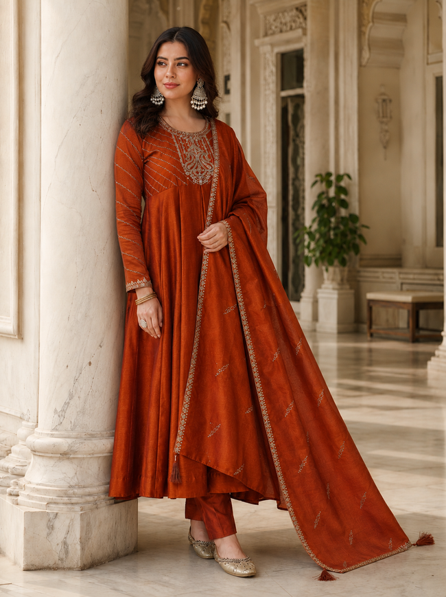 Rustic Orange Vichitra Silk Stitched Suit