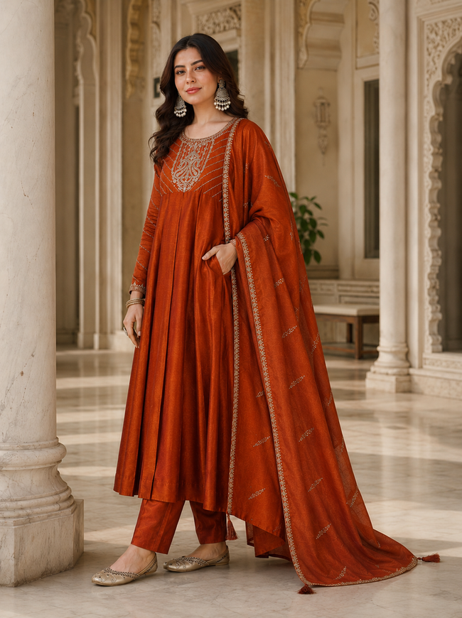 Rustic Orange Vichitra Silk Stitched Suit