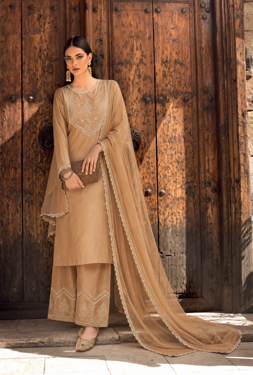 Beige Silk Stitched Suit