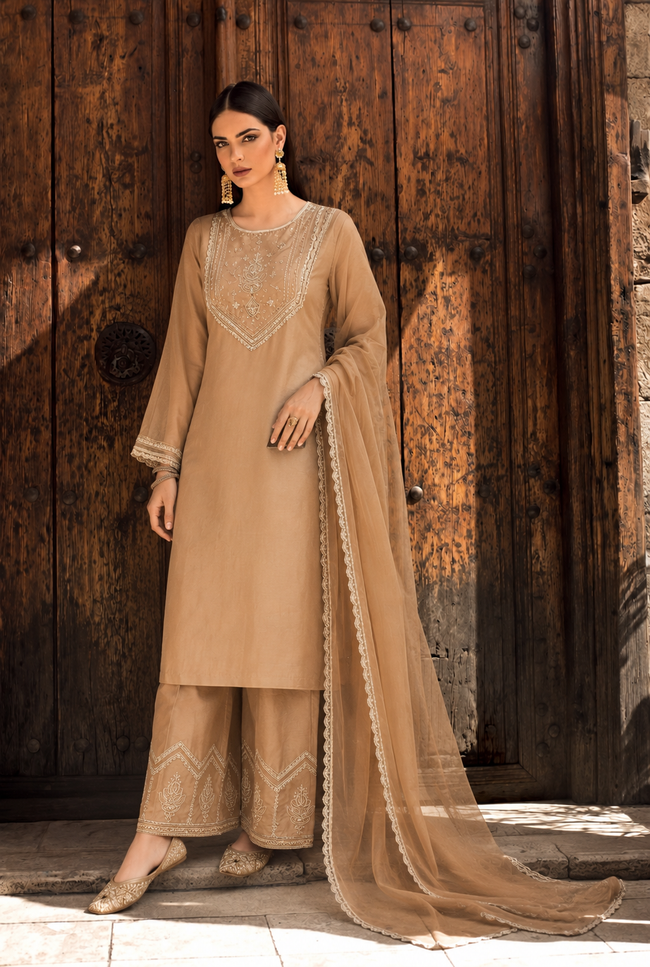 Beige Silk Stitched Suit