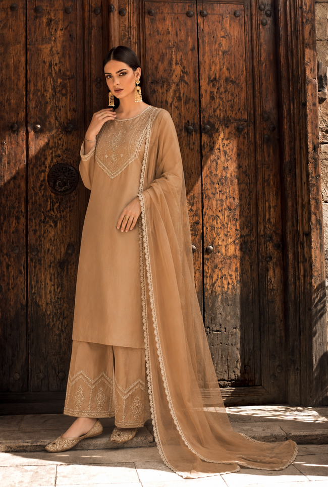 Beige Silk Stitched Suit