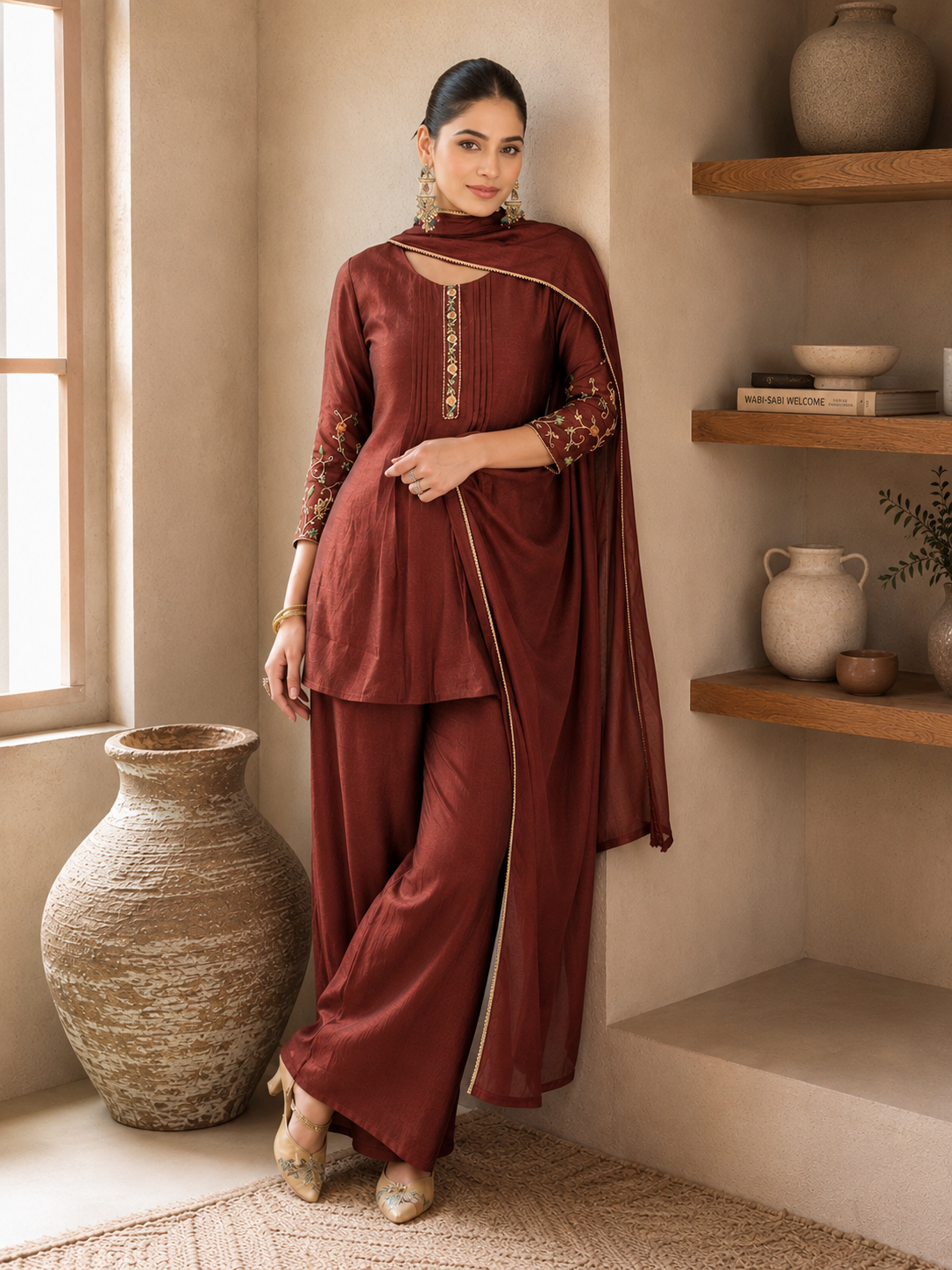Rust Brown Vichitra Silk Stitched Suit