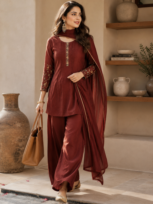 Rust Brown Vichitra Silk Stitched Suit